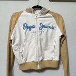Pepe Jeans Y2K Zip Jacket Ribbed Cream Sleeves & Hood Small Hip-Hop Throwback Photo 8