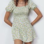 ZARA Women's Linen Blend Green Square Neck Sunflower Mini Dress Size XS Photo 0