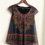 Desigual Womens Shirt Blouse Black Multicolor Floral Mesh Overlay Size Medium Photo 0