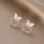Faux Diamond‎ & Pearl White Butterfly Gold Plated Stud Earrings Photo 4