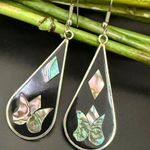 Vintage Alpaca Mexico Mexican Silver Black Enamel Abalone Inlay Teardrop Earring Photo 0