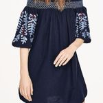 Rebellion Navy Blue Embroidered Cotton Off the Shoulder Loose Fit Shift Dress M Photo 1
