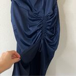 Showpo Lieselotte Midi Dress Ruched Front Split Cowl Neck Satin NEW Navy Blue 14 Photo 6