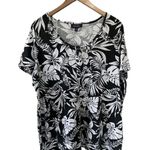 Roaman's Hawaiian Tropical Monstera Leaves Scoop Quarter Button Blouse 1X Black Photo 0