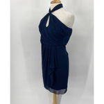 Badgley Mischka Dress Pleated Y Neck Halter Drape Front Mini Navy Blue Womens 4 Photo 3