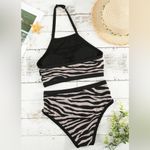 NEW Black & Beige Zebra Print 2 Piece Halter Top High Waist Bottoms Bathing Suit Photo 3