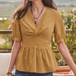 Sundance  Velvet/ Corduroy Puff Sleeve Short Sleeve Blouse, Size Medium Photo 0