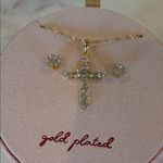 NWT Fine Silver Plated Cubic Zirconia Stud Earrings Cross Pendant Necklace Set Gold Photo 5