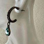 Vintage Avon Style Bronze Hoop Earrings w/ Aqua Crystal Drop Photo 1
