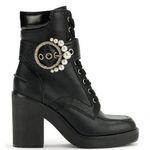 Karl Lagerfeld Black Leather Pearl Dottie Lace-Up Ankle Boots Heels Booties Photo 1