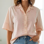 VINTAGE Jean Taylor Peach Pink Embroiderd Button Front S/S Pajama Top Small Fit Photo 0