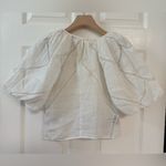 frame denim Frame Small Inset Lace Gathered Seam Top White Puff Sleeve Semi-Sheer Cropped Photo 3
