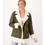 Isaac Mizrahi Womens Jacket Size XXS Olive Green Double Breasted Sherpa Oversize Photo 1