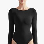 Boat Neck Long Sleeve Sexy Thong Bodysuit Black Size XS Photo 0