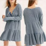 Free People  One blue Jolene waffle knit 1/4 button vneck mini dress Photo 0