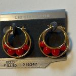 Liz Claiborne  Gold Red Enamel Hoop Earrings Photo 0