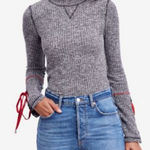 Free People Thermal Sweater Medium Gray Lace Up Sleeves Whimysgoth Cyber Grunge Photo 0