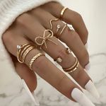 NEW 8pc Gold Ring Set – Coquette Bow, Braided & Adjustable Rings Size 6-7 Photo 0