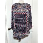 One World  Boho Print Lattice Neck Tunic Top Women's Size L Asymmetrical Hem Photo 2