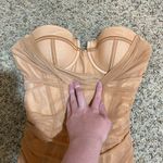 Oh Polly Mesh Sheer Overlay Mini Dress Strapless Bustier Tan Nude Ruched Size 4 Photo 3