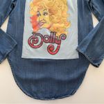 Via Penny Lane Reworked Apparel | Dolly Parton Graphic Chambray Lace Up Blouse Blue Photo 8