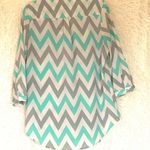 Tacera  Aqua Chevron Tab Sleeve Blouse Size M Photo 2