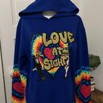 Blue Hoodie with Love at First Sight Graphic Vintage Sweater Tyedye sz Large Photo 0