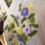 Vintage 60s embroidered floral 3D wool knit cardigan sweater cream purple green Size M Photo 1