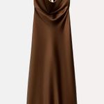 ZARA  dress gown maxi halter satin plunge neck Brown holiday wedding evening Photo 7