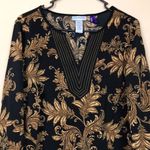 Catherines Petite Women’s Leaf Print Black Gold Split Neck Hi Photo 1
