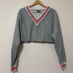 Champion  Reverse Weave Gray V-Neck Cropped Sweatshirt with Red and White Trim Photo 0