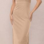 Revelry Skye Velvet Bridesmaid Dress Women’s Size 4 Champagne Slit Formal Gown Tan Photo 0