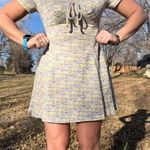 Vintage 70s Double Knit Poly Abstract Geometric Babydoll Mini Dress Purple Green Size M Photo 1