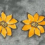 Vintage Enamel Flower Earrings, Yellow and Gold Glitter Floral Orange Photo 5