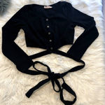 Showpo  black ribbed button front long sleeve wrap around tie top size 8 Photo 0