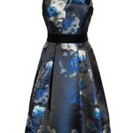 Eliza J Black Blue Floral Jacquard Crisscross Halter Fit Flare Belted Dress sz 6 Photo 1