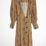 Ganni  Leopard Print Plunge Midi Dress Crepe Yellow Animal Print Long Sleeve Photo 0