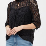 Monteau  Black Lace 3/4 Sleeve Keyhole Neck Top Size M Photo 0