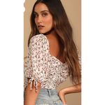 Lulus Pretty Pick Beige Floral Print Ruched Drawstring Crop Top Zip Size Large Photo 2