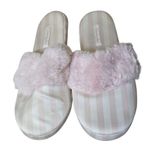 Victoria's Secret Satin Fur Pink White Stripe Slippers Women Size M (7-8) Angel Photo 0