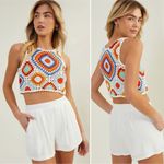 Altar'd State Crochet Top Retro Diamond Cream Red Orange Blue Sleeveless Tank Photo 2