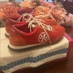 Tory Burch Women's Vintage Nylon Runner sneaker in red suede and nylon. Photo 3