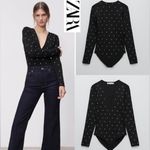 ZARA Women's Bodysuit V Neck Silver Stud Black Size M Photo 1