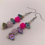 Handmade Floral Leaf Beaded Fairycore Aesthetic Earrings Pink Photo 1