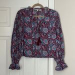 Rebecca Minkoff  Floral Smocked Peasant Blouse Tassel Tie Top Cropped Medium Boho Photo 0
