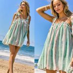 Davi & Dani Chiffon Overlay Dress Green Pink Flowy Ruched Neckline Tie Straps Photo 1