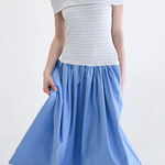 NWT Never A Wallflower Off the Shoulder Dress Beryl Knit Blue & White Size Large Photo 0