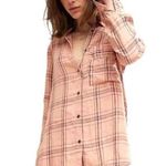 Free People  Shirt Womens Small Peach 100% Linen No Limits Plaid Button Down Top Photo 8