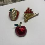 Lot Of 3 MCostume Brooch / Pin Gold Tone Red Enamel Apples / Avon Heart Cart Photo 1
