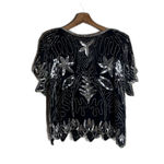 Vintage Silk Sequin Beaded Shirt Womens Medium Black Silver Party Evening 80s Photo 10